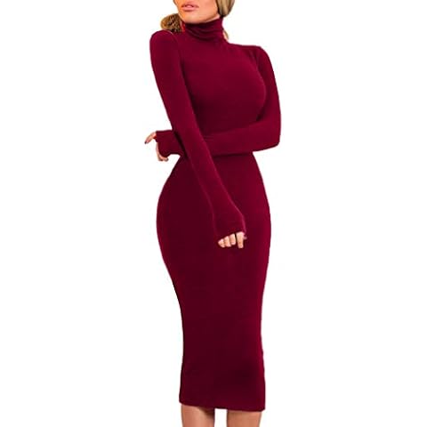 GreatestPAK Womens Fitness Jumper Party Fashion Long High Neck Slim Bodycon Dresses Wine Cover