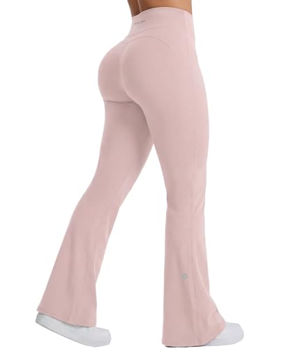 RIOJOY Women's Flared Leggings with Pockets High Waisted Bootcut Trousers Workout Bootleg Stretchy Yoga Pants Pink