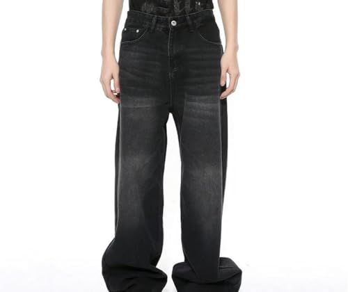 Mens Vintage Wash Straight Denim Pants High Waist Wide Leg Loose Fit Casual Trousers with Pocket2