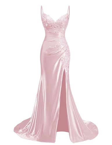 Mermaid Satin Prom Dresses Long with Slit Spaghetti Strap V Neck Lace Appliques Blush Pink Prom Dress for Women Mermaid Ruched Formal Evening Gown