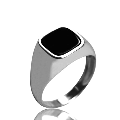 VALLEER Mens Cushion Gemstone Ring, 925 Sterling Silver Signet Style with Black Onyx, Carnelian, Tigers Eye, or Green Agate, Cushion Cut Natural Stone Wedding Band Birthstone Gift