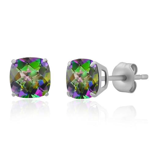 925 Sterling Silver Cushion Cut Mystic Topaz Stud Earrings | 6MM Hypoallergenic December Birthstone Stud Earrings | Anti Tarnish Gemstone Earring Studs by MAX + STONE