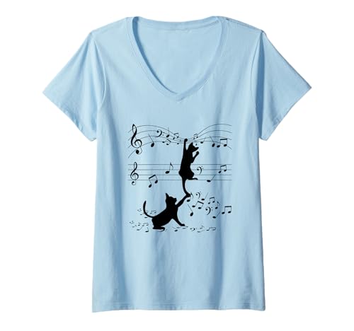 Femme T-Shirt Chats noirs Musiciens Art T-Shirt avec Col en V