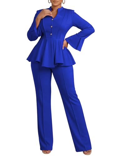 Pants Suits for Women Dressy - Women Suits 2 Piece Set Business Work Blazer Sets Long Sleeve Button Front V Neck Peplum Hem Blazer and Wide Leg Pants Set Two Piece Formal Party Outfits Blue, XL