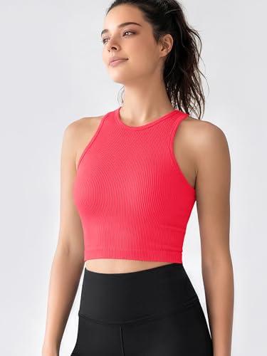 Image of ODODOS 3-Pack Seamless Crop Tank for Women Ribbed Soft High Neck Cropped Tops