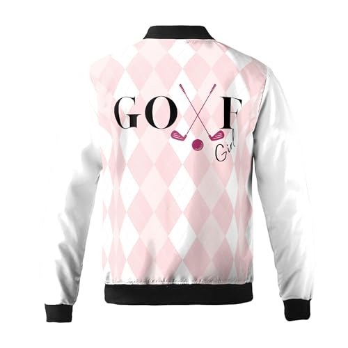 Custom Name Golf Girl Pink and White Argyle Pattern Bomber Jacket S-5XL3