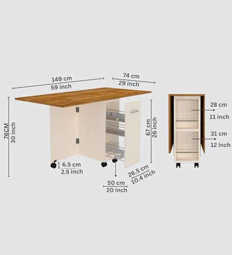 Image of SPECIALITY PANELS Folding Dining Table with Storage Cabinet, 6 Seater, Wood Top with Cream Base, 149x74x76 cm, Rolling Kitchen Island with Wheels
