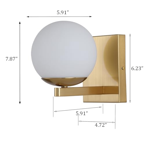 Image of Gold Mid Centry Modern Wall Sconce, Globe Wall Sconce with Frosted Glass Lampshade, Brass Wall Light Fixture for Bedroom Living Room Bathroom Hallway Entryway