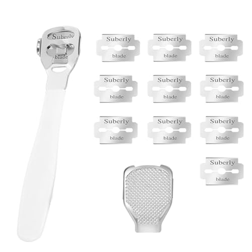 Cortacallos de Acero, Removedor de Callos, Raspador Pies Durezas y Callosidades, Lima Pies Manos Talones, Quita Callos y Durezas, 10 Cuchillas y Caja