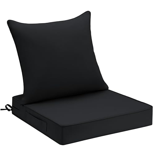 Image of UNIKOME 22 inchx22 inchx3 inch Outdoor Chair Cushions Set - Waterproof Patio Cushions for Outdoor Furniture with Removable Cover, Ties & Handle, Deep Seat Patio Cushions for Sofa Couch - Black