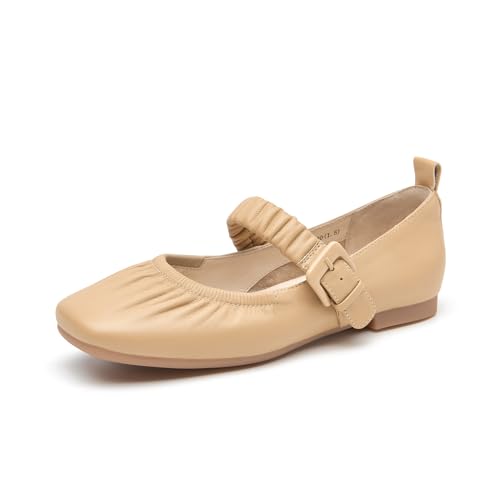 BEAU TODAY Mary Jane Shoes Women, Ballet Flats Shoes for Women, Buckle Strap Genuine Leather Flats, Comfortable Square Toe Dressy Mary Jane Flats Trendy
