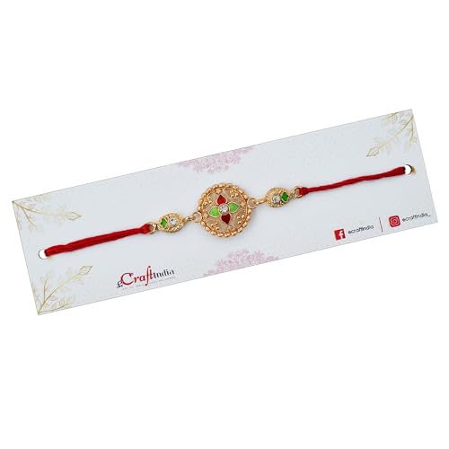Image of eCraftIndia Red Blue Round Designer Rakhi for Brother Bhaiya Bhai | Roli Chawal Pack | Rakhi Combo