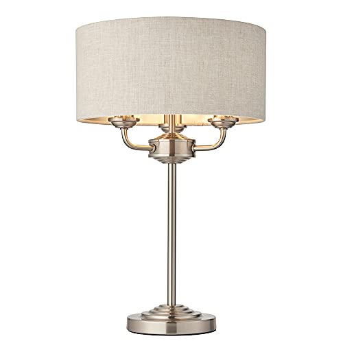 CELESTE Decorative Table Lamp - Brushed Chrome Desk Lamp with a Natural Coloured Fabric Shade - On/Off Inline Switch - E14 Golf - Indoor Bedside Desk Table Reading Light