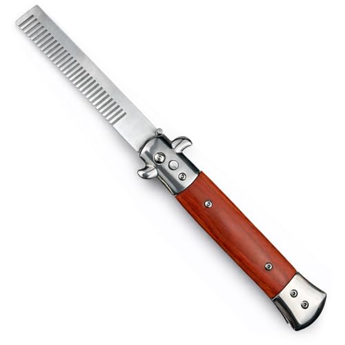 Peine plegable automático de acero inoxidable y madera miniatura 1