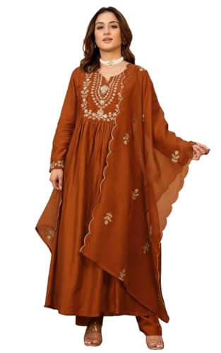 Nermosa Women Embroidery Solid A-Line Kurta and Pant Set with Dup...