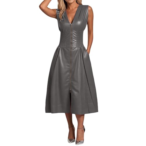 Robe en cuir PU pour femme style vintage coupe moulante sans manches avec col en V chic