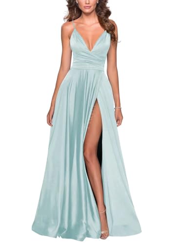 Image of Tvuyet Satin Bridesmaid Dresses with Slit Pleated A Line Spaghetti Straps Formal Prom Evening Gowns