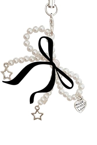 Image of Bag Charm |Pearl Bow Design With Heart Charm and Ribbon | Cherry Charms | Bags Charms for handbags keychain Unique Key Chains for Women Key Ring for Girls
