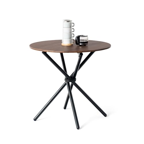 FurnitureR - Mesa de Comedor Redonda de Nogal (80 cm, Mesa de té de balcón, Bandeja de Madera Retro con Cuatro Patas de Metal Negro, diseño Compacto, versátil, para 2-4 Personas, Cocina, café