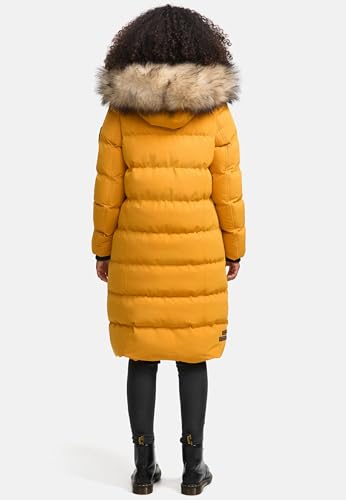 MARIKOO Damen Wintermantel warmer Steppmantel lang mit abnehmbarem Kunstfell und Kapuze Schneesternchen Yellow Gr. XS