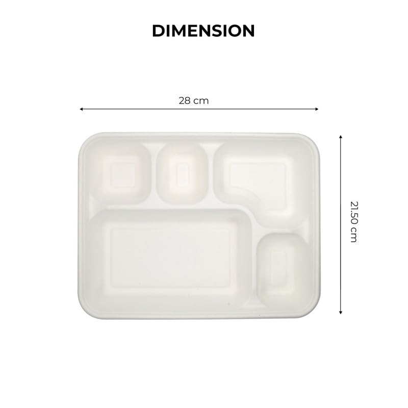 Image of EATONS | 5 Compartment Bagasse Meal Tray | Pack of 50 | Disposable Plates Big Size | Sugarcane Paper Plates | Ideal for Events, Caterers & Buffet | Heavy Duty, Leakproof, Microwave Safe