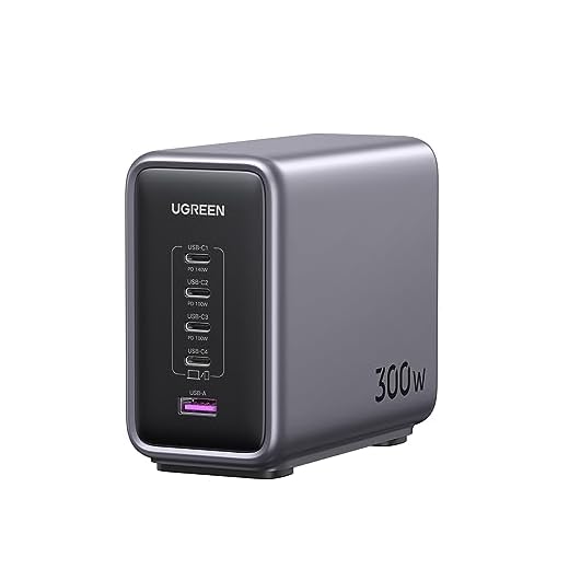 UGREEN Nexode 300W Chargeur USB C PD 3.1 avec GaN Tech Chargeur Station 5 en 1 Compatible avec Surface MacBook Pro Air 13 iPad Pro iPhone 15, 2M Câble Alimentation et 1.5M 240W Câble USB C Inclus