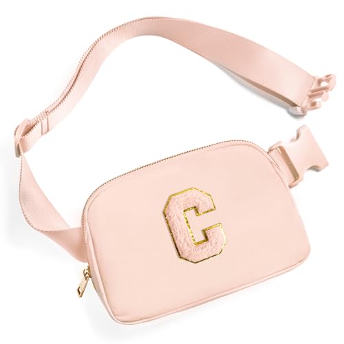 Image of Gitus Gifts for 8 9 10 11 12 Year Old Girls Belt Bag Fanny Pack Crossbody Bags with Initial Letter Patch Cute Stuff Birthday Gifts for Teen Girls Women Personalized Trend Stuff (Coral Pink-C)