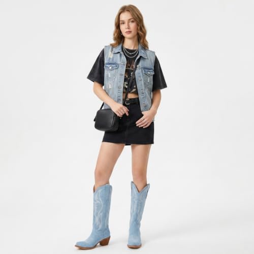 Image of Women's Mid Calf Cowboy Boots Western Pointed Toe Embroidered Boots
