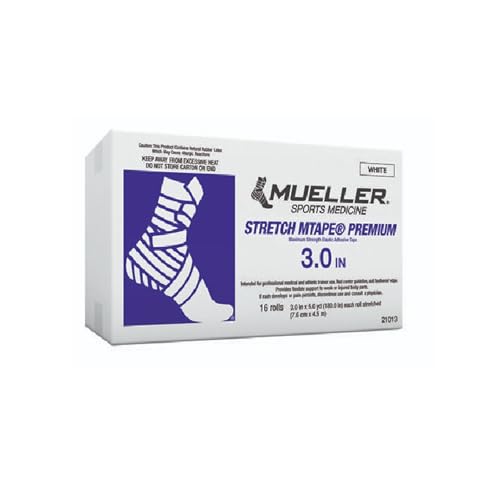 Mueller Stretch MTape® Premium Elastic Athletic Tape, 3″ × 5 yd, White – Box of 16 Rolls – Maximum Strength – Part # 21013