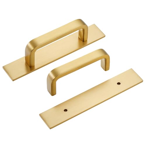 SNBTLA Solid Brass Cabinet Pull with Backplate, 2 Pack Brushed Gold Modern Drawer Handle for Cabinets Drawers and Wardrobes(2, Brushed Gold, 3 Inch(76mm) Hole Centers