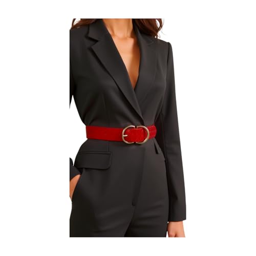 Women Red Basket Weave Faux Leather Fashion Belt Gold Metal Buckle Pant Jeans Loop S M