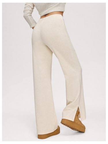 Verdusa Women's Solid Drawstring Waist Knit Lounge Pants Flare Leg Slit Trousers2