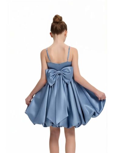 Satin Flower Girl Dresses for Wedding Spaghetti Straps Ball Gowns for Girls Short Girls Party Dress with Bow2