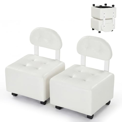 RELAX4LIFE Lot de 2 Petit Tabouret Roulant, Tabouret de Travail Pivotant 360°, avec Dossier, Charge 150 KG, Siège Bas à roulettes avec Freins, pour Chambre,...