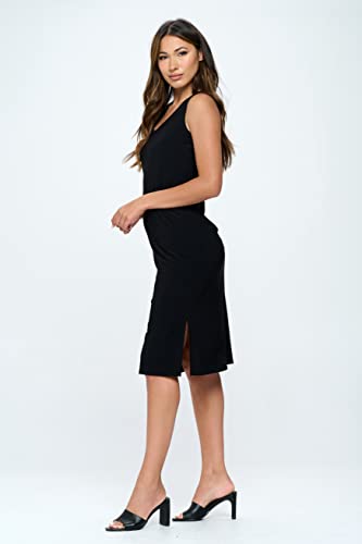 Jostar Women's Midi Tank Dress - Sleeveless V-Neck With Side Slit Knee Length Casual Basic One Piece 780Ht-T-Blk Xl Black #TOP6