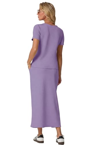 Image of GRECERELLE Women Summer Casual 2 Piece Sets V-Neck Wrinkle-Free Top & Elastic Waist Midi Side Slit Skirt with Pockets