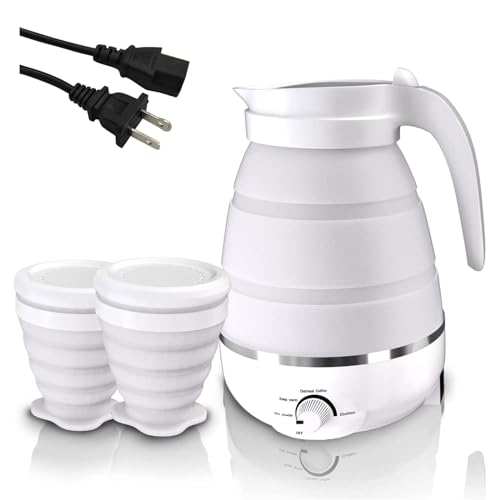 Qivine Collapsible Travel Kettle, Silicone Portable Water Boiler, 600ML, Foldable Electric Pot for Boiling Water, Small Camping Kettle for Tea Coffee, White