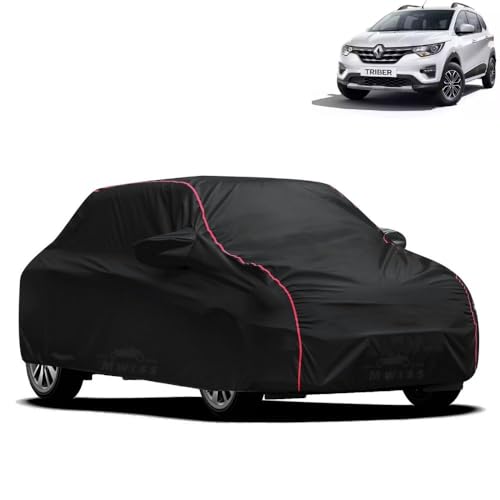 Image of Waterproof Car Cover for Renault Triber | All-Weather Protection, Dustproof & UV Resistant | Triple Stitched Mirror Pockets, Windproof Buckle Strap with Elastic Hem, Black-Red Piping