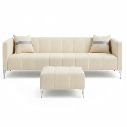 Image of Solomon 4 Seater L Shape Sofa Set with Movable Ottoman | Flexible Left or Right Layout | Luxe Velvet Suede Fabric | Comfortable Seating | Modern Sofa for Living Room - Cream
