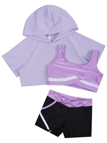 Kids Girls Pcs Dance Gymnastic Sports Outfit Short Hoodie Hooded With Tank Top Active Shorts Set Tracksuit3