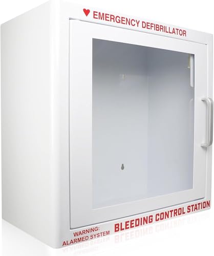 AED Defibrillator Wall Mounted Cabinet with Bleeding Control Kit Storage, 20-Gauge Steel, Large 17.4x17.3x6.9 Inch, Durable Metal Cabinet with Clear Window & Door Activated Alarm–Fits All AED Brands