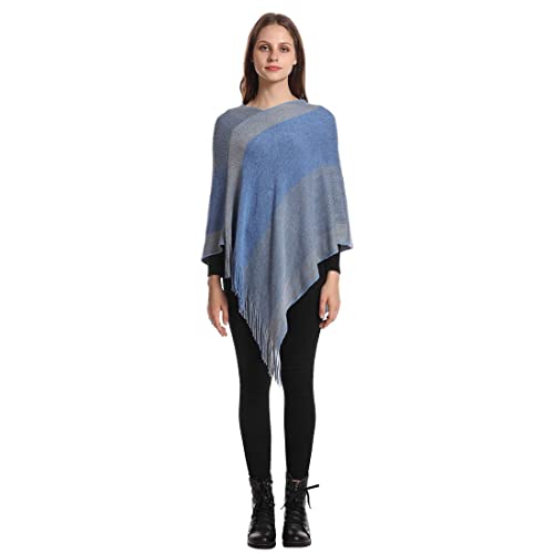 Image of Women's Elegant Knitted Shawl Poncho with Fringed V-Neck Striped Sweater Pullover Cape Gifts for Women Mom