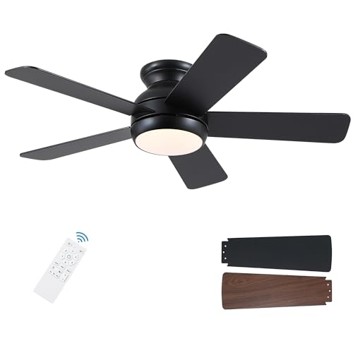 42 Inch Black Ceiling Fan With Light & Remote - Low Profile Flush Mount DC Motor