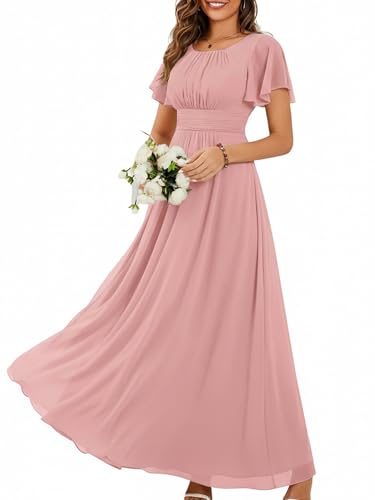 Image of Ever-Pretty Women's Spring Elegant Round Neck Short Sleeve Chiffon Empire Waist Floor Length Formal Dresses Bridesmaid Dress
