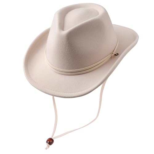 DRESHOW Cowboy Cowgirl Hat for Boys Girls Classic Western Felt Fedora Belt Buckle Retro Panama Hats with Wind Lanyard Unisex Rolled up Caps for Kids 4-12 Years