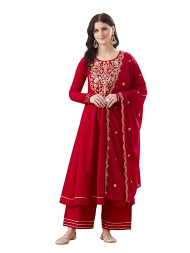 Image of MOKOSH Women's Cotton Anarkali Kurta Palazzo with Dupatta | Anarkali Kurta Set | Round Neck Full Sleeve | 3 Piece Outfit | Indian Kurta Outfit With Palazzo Pant | Embroidered