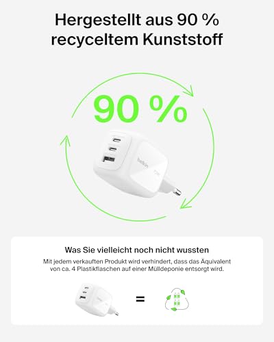 Belkin 3-Port USB C Ladegerät, 70W, GaN-Ladegerät, inkl. Stecker für USA/GB/EU, 2 USB-C-Anschlüsse, 1 USB-A-Anschluss, Schnellladegerät für MacBook, iPhone, iPad Pro, Samsung Galaxy, Pixel usw. – Weiß