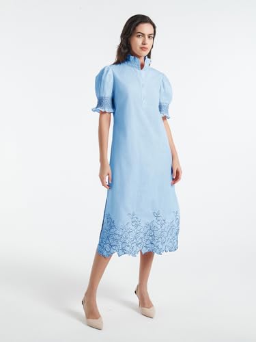 Image of Women's Summer Embroidered Midi Dress 2026 Button Down Short Sleeve Floral Shirt Dress