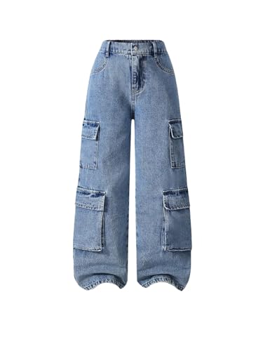 MakeMeChic Boy's Straight Leg Baggy Denim Pants Zip Fly Flap Pocket Streetwear Cargo Jeans Blue 11Y