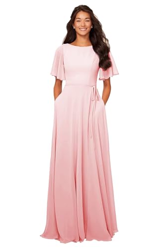 Image of petyoo Chiffon Flutter Sleeve Bridesmaid Dresses with Pockets Sash Long A Line Formal Dress